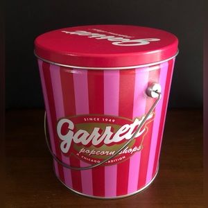 Garrett Popcorn Chicago 7" Tall Red Pink Striped Classic Size Tin w/Handle & Lid